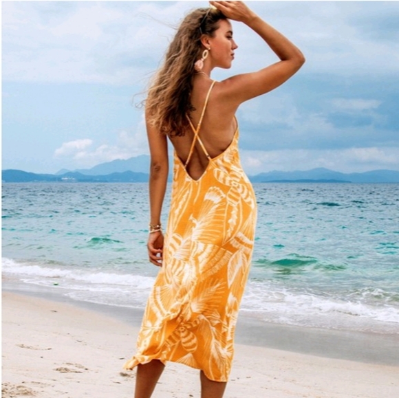 Women's Yellow Floral Crisscross Midi Slip Dress - Cupshe Size L New With Tags 8 - Picture 4 of 9